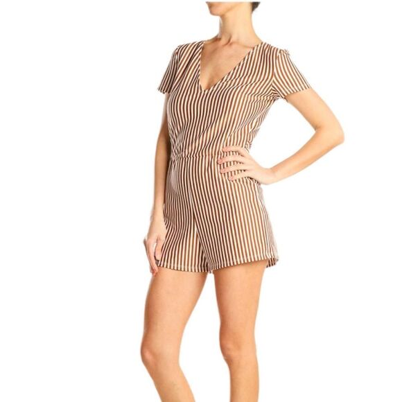 ZARA | Brick Striped V Neck Front Tie Shorts Romper | L - Picture 1 of 7